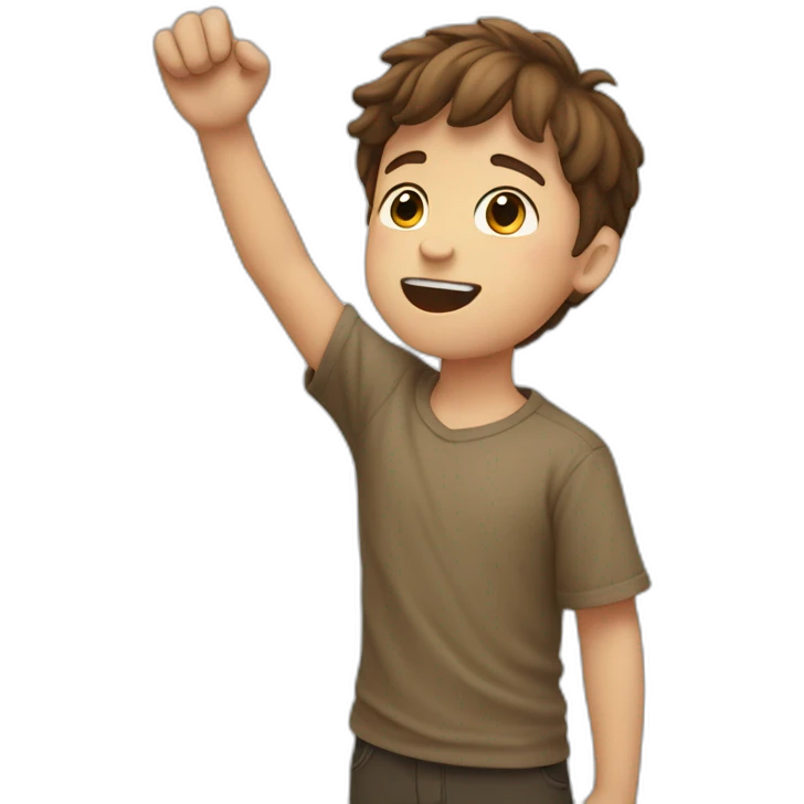 young boy raising his arms, white skin, brown hair emoji