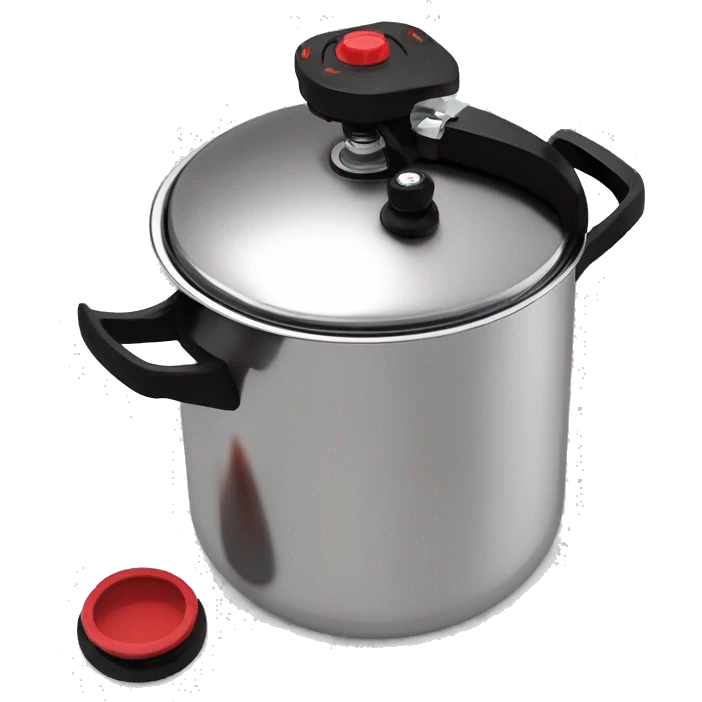 Stainless steel pressure pot, with black gights, lid with 3 clamps, red line on the black knob emoji