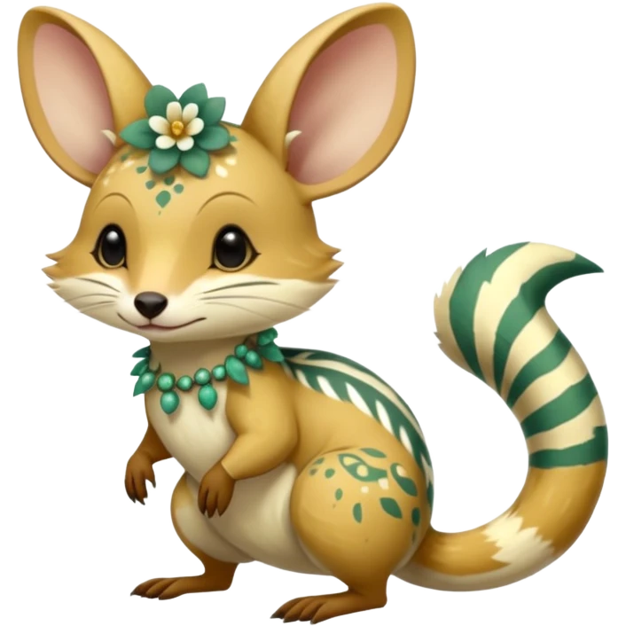 Tropical Exotic Colorful Beige-yellow, Jade-green, white specks, Floral Numbat-Bilby-Quoll-Furret-Fakémon-furry-fursona-creature (full body) with tribal markings emoji