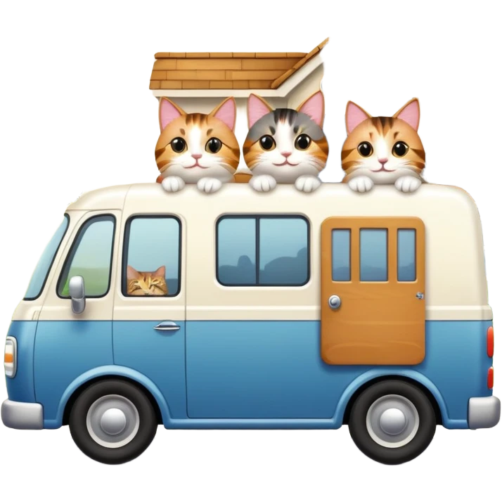 two cats in a moving van waving goodbye to their old house emoji