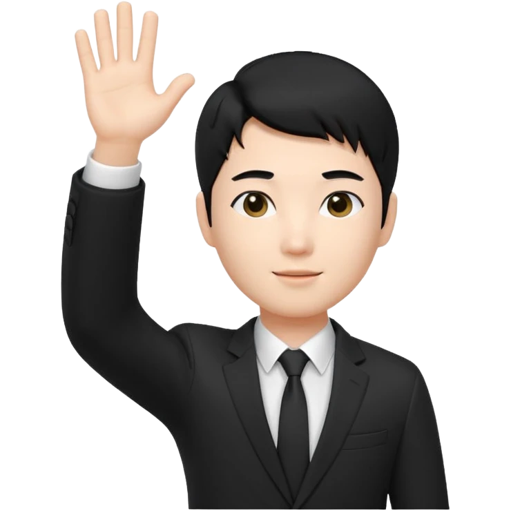귀엽게 생긴 검정머리 피부하얀 한국 남자, 상반신 다 보이고, 한손 흔들고 있음, 검정색 정장, 흰색 와이셔츠 3D 생성 emoji