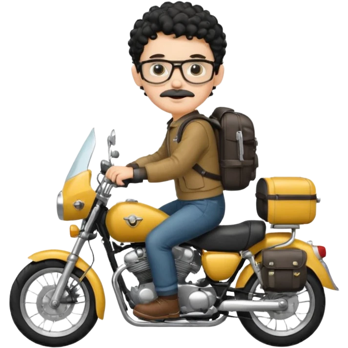 A young boy DEVELOPER WITH A backpack, black curly short hair, wearing glasses, a thin mustache, his skin is white, riding a motorcycle emoji