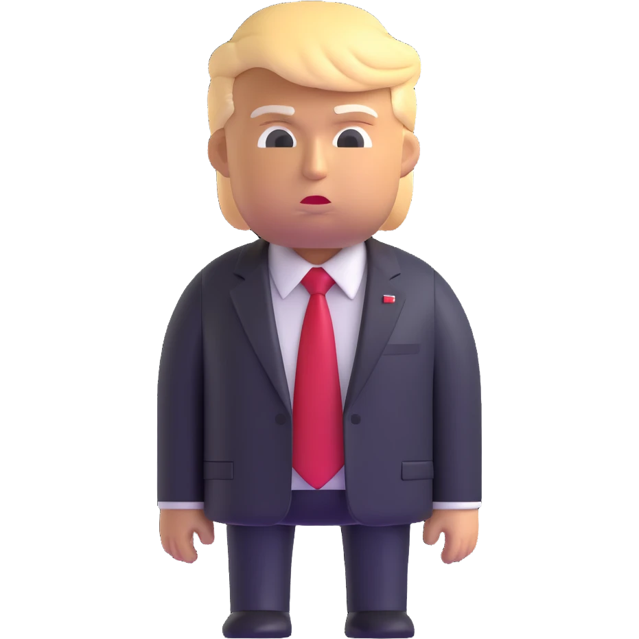 Donald Trump, 3D emoji-style avatar, forward-facing, dark business suit, red tie, realistic but cartoonish, glossy, black background emoji