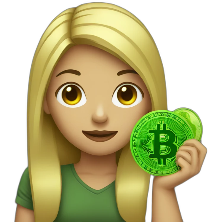 girl holding green Bitcoin emoji