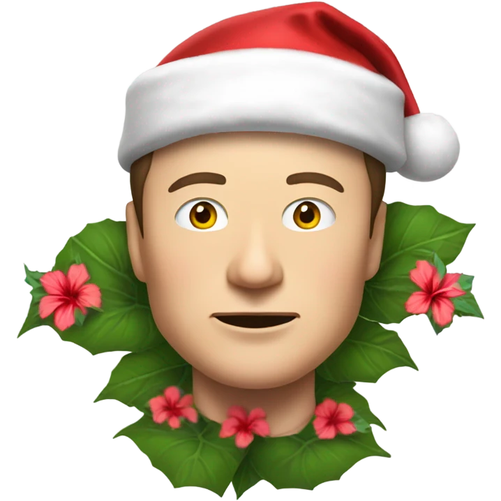 Elon Musk wearing a hibiscus flower with a Santa hat emoji