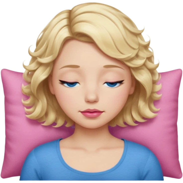 Girl Blonde short wavy hair,  blue eyes, cute blue top, long lashes, pink lips, sleeping eyes closed emoji