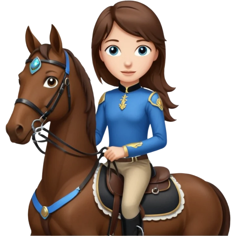 A brown hair, blue eyes girl riding a bay horse with black saddle and bridle emoji