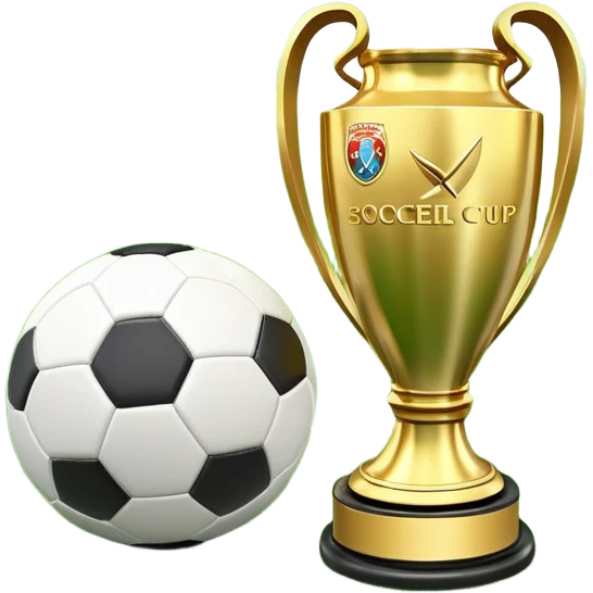 A football resting on the green grass of a soccer field, with goalposts and field markings in the background. In the foreground, the UEFA World Cup trophy gleams, symbolizing the pinnacle of football achievement, adding an element of prestige and competition to the scene. emoji