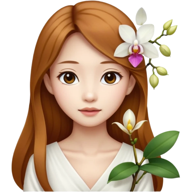 Asian girl with long golden brown hair white skin makeup natural with orchid in her left ear, her dress is white   emoji