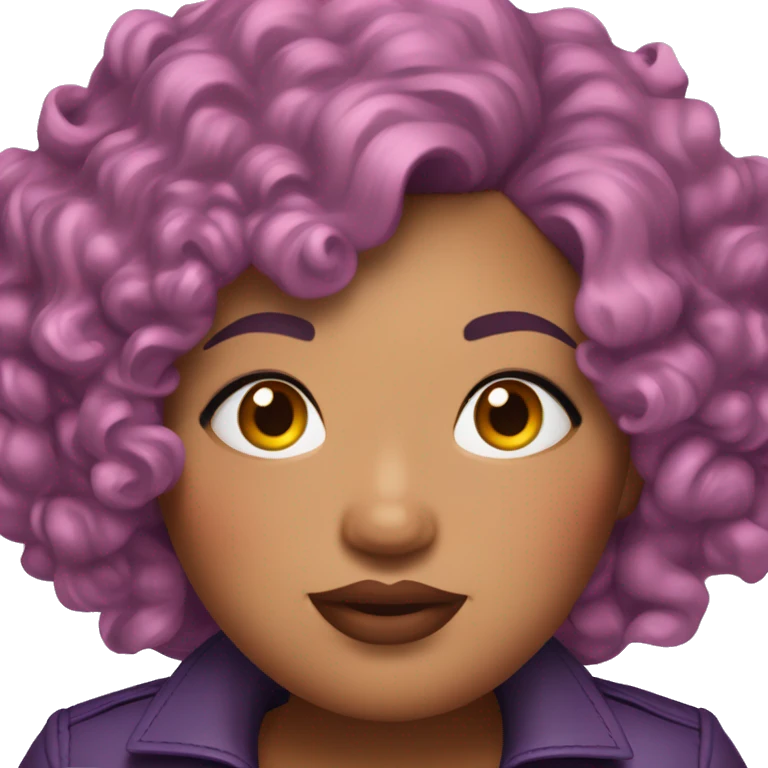 Plus size woman with very short pink curly hair and a purple leather jacket with makeup on face. emoji