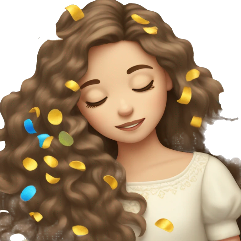 Sleeping little girl with long brown hair and confetti in her hair  emoji