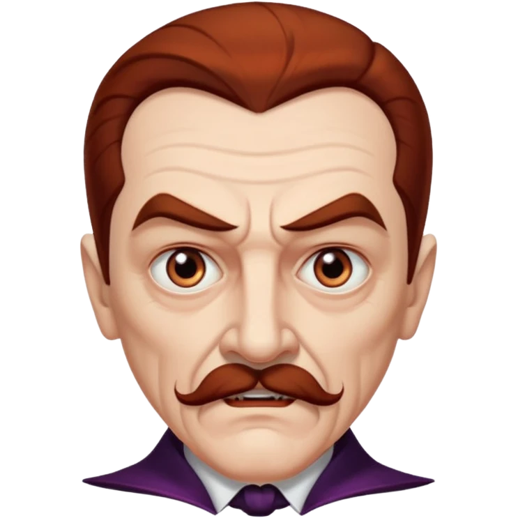 An elderly man with slicked-back reddish-brown hair, sharp brown eyes under heavy brows, and a white mustache, giving him a stern, Dracula-like appearance. emoji