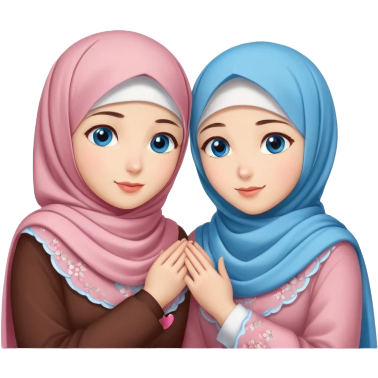 Two friendly sister Turkish girls beautiful finish Konya blue eyes with cherry blossom hijab and heart dress and hugs  emoji