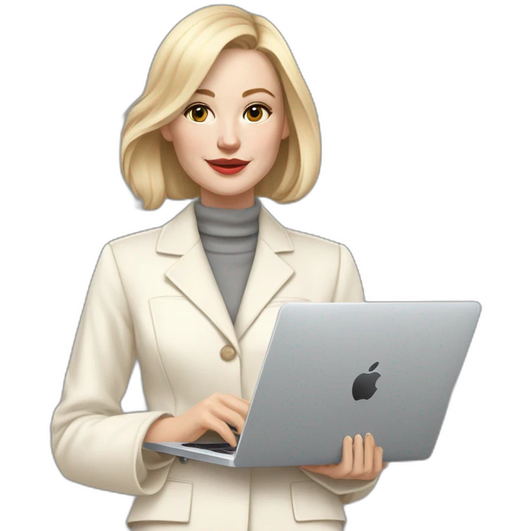 pale skin woman with ash blonde Straightened bob Hair, White Spacious classical jacket, beige palazzo Arrow pants and gray blouse holding a MacBook in the hands emoji
