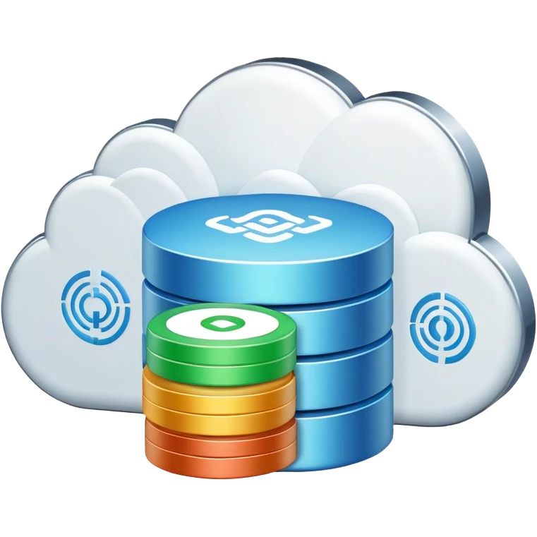 An icon featuring a database server, stacked data disks, and a cloud symbol, representing databases. The design includes binary code, a data structure diagram, and network connections, symbolizing data storage, management, and organization. Transparent background emoji