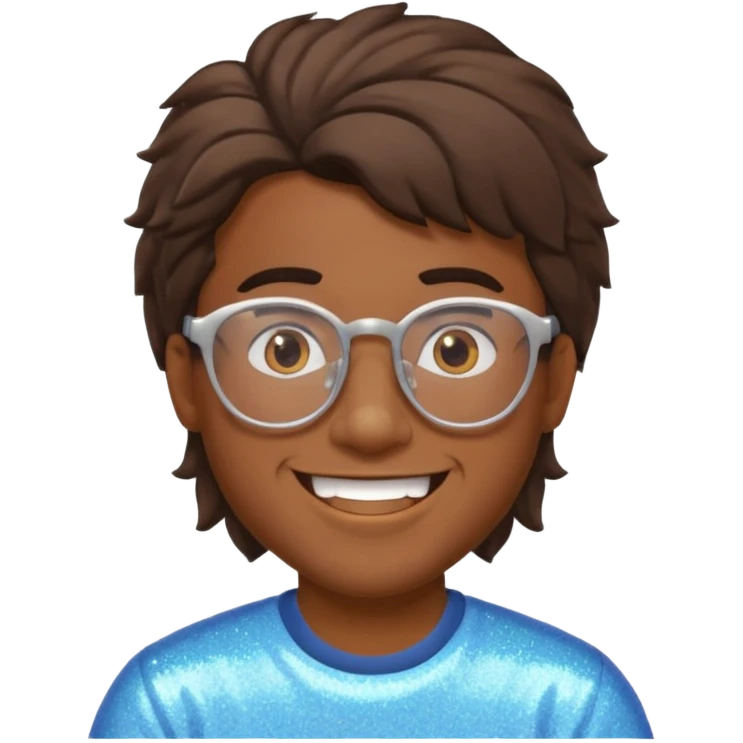 Brown guy with glasses with a whiffed front and puffed mullet, smiling with his teeth together and a sparkle from his teeth emoji
