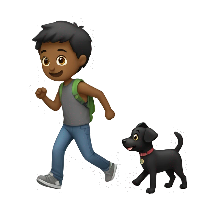 Un Perro negro y un niño de 13 años caminando  emoji