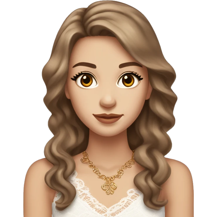 fair-skinned girl with dark brown, almond-shaped eyes and long lashes. long, light brown hair styled in a voluminous, wavy blowout. wearing a delicate white lace tank top and a dainty gold necklace, creating an elegant and feminine look. emoji