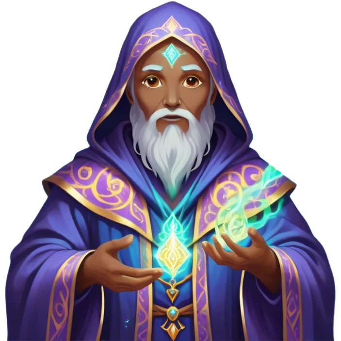 A luminescent enchanting Wizard, his ethereal presence shimmering with otherworldly energy, each detail radiating with mystical power and ancient wisdom. The painting, a masterpiece of acrylic art, captures the Wizards hauntingly beautiful visage in exquisite detail. Swirls of cosmic colors dance around him, evoking a sense of celestial wonder, while intricate patterns of glowing runes adorn his intricate robe. The image is vivid and captivating, drawing viewers into a mesmerizing realm of fantasy and magic. emoji