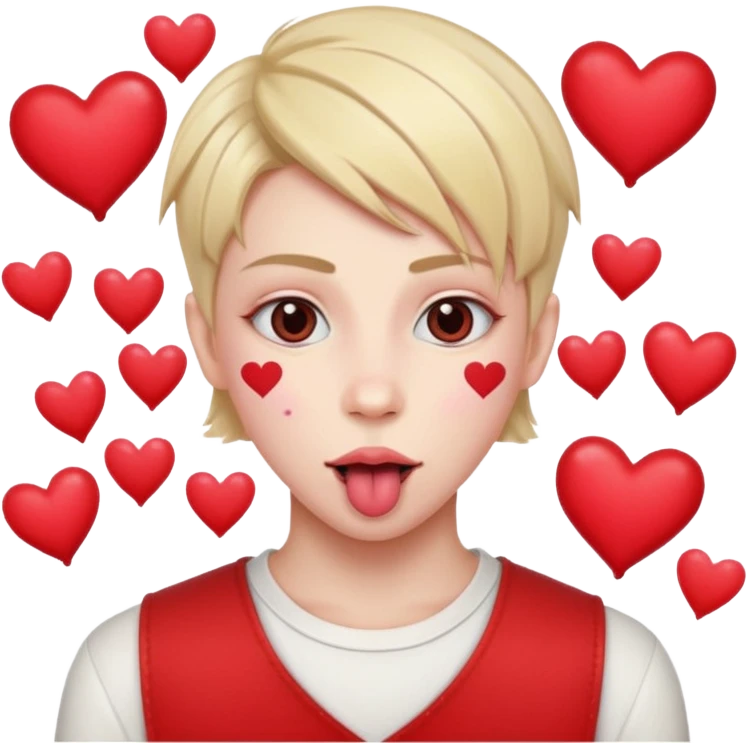 A cross eyed unisex with their tongue out far with Valentine’s Day decor/hearts around emoji
