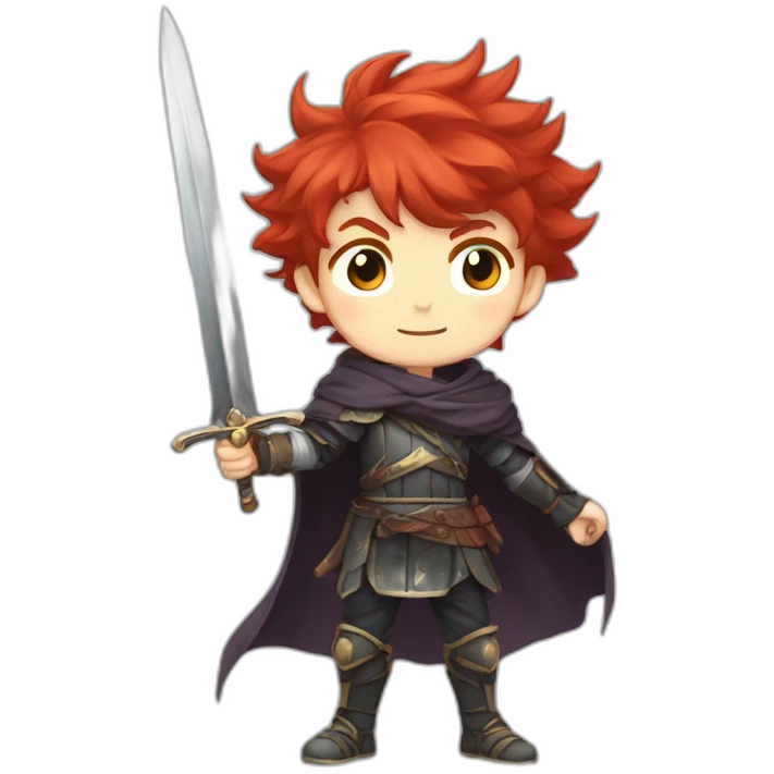 Anime boy with Red hair, with cheeky grin and pointy fluffy hair with a sword in a defense stance, alone emoji