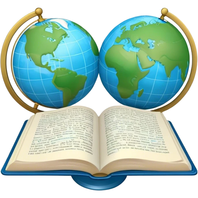 Create an emoji representing language translation. The design should feature a single globe in the background, symbolizing international communication. In front of the globe, place two opened books, with texts in it and a pen nearby to indicate the act of writing and vocabulary. Use a clean and professional color palette with blues, greens, and neutral tones. Do not include any emojis or smiley faces. Make the background transparent emoji