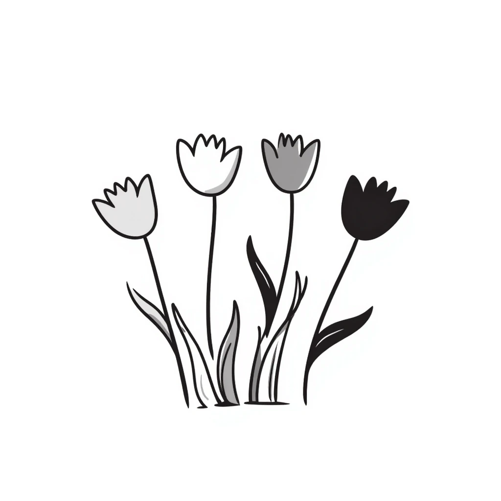 Tulip flowers with stems and leaves in pastel colors (dd9fb0, ffc6d3, a3bfc9, c4bee2, f1b091), hand-drawn doodle style emoji