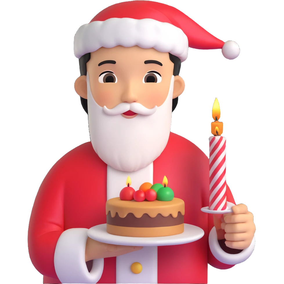 An Asian boy holding a small cake with a candle, Santa Claus in the background emoji