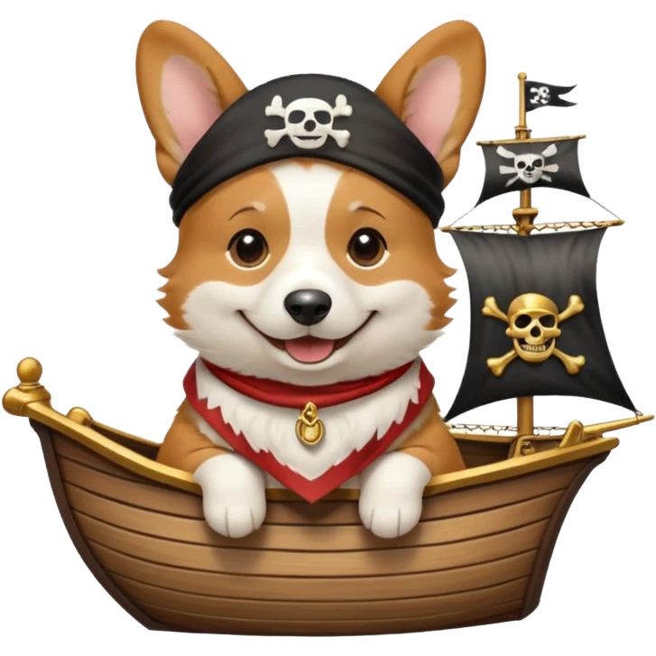 smiling corgi with pirate accessories bandana and gold earring on a cartoon pirate ship emoji