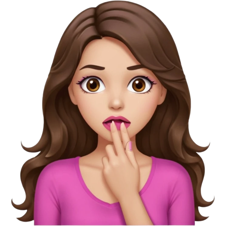 girl with long wavy brown hair, brown eyes, long lashes makeup, sexy pink lips, light to medium complexion, pink sexy top, shocked, hand covering mouth emoji