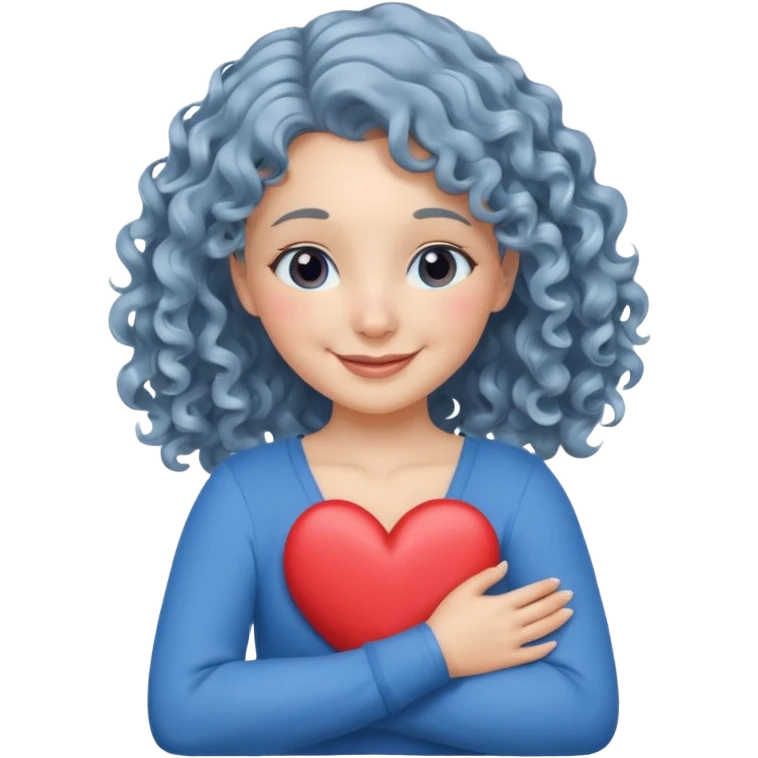 Silver, wavy/curly hair chin-length lady giving hug with 2 arms, blue v-neck and smilingm add a heart emoji
