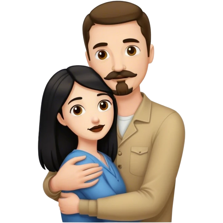 Tall white man with brown mustache goatee AND a short pale woman with long black hair, hugging emoji