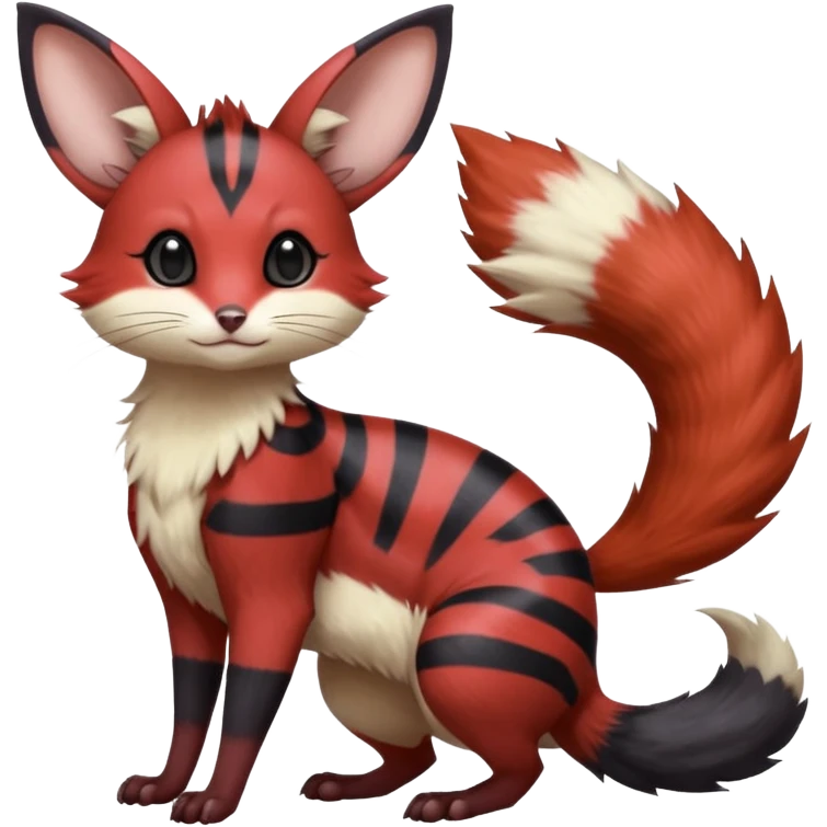 hyper-realistic sanguine-red black-striped natural realistic divine beautiful elegant pretty precious cute young youthful  Fakémon-Pokémon-alien-opossum-squirrel-feline-serval-caracal-chinchilla-Minccino-Cinccino-Meowstic-rodent-hybrid-creature with a big fluffy bushy tail (full body) emoji
