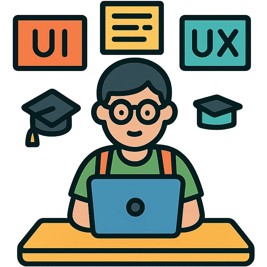 college student at a desk, laptop open, surrounded by UI/UX notes emoji