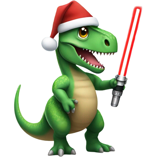 dinosaur holding a lightsaber wearing a santa hat emoji