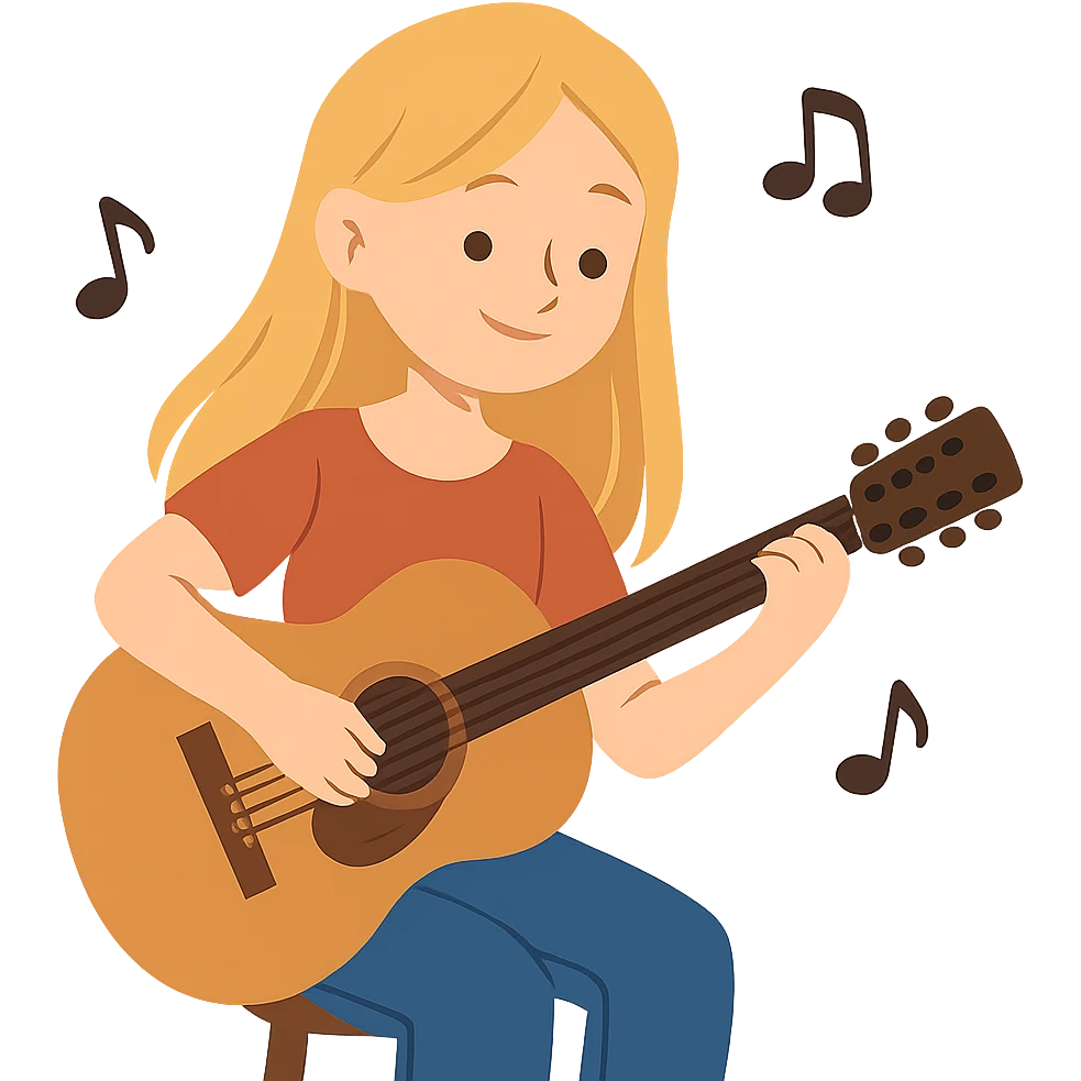 flat toon style of a pretty blonde girl playing guitar with music notes floating emoji
