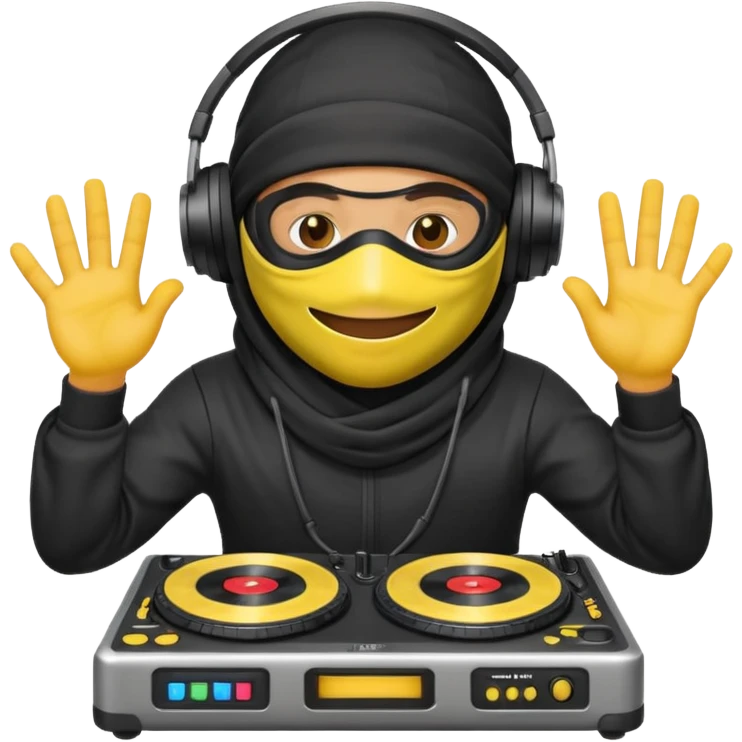Make a customized yellow head emoji with hands and holding a dj turn table  in a  ninja face mask emoji