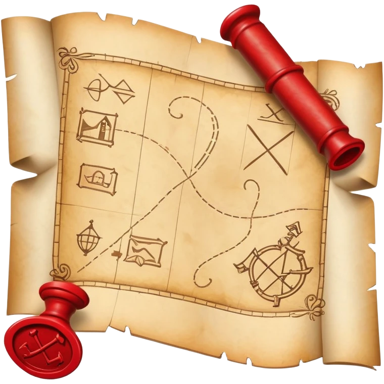 A rolled up treasure map with red wax seal, partially unfolded showing an X emoji