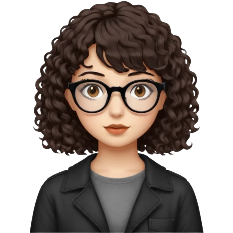 A girl with fair skin, brown eyes with black square glasses, eyeliner, shoulder length curly hair with bangs, with a grunge outfit  emoji
