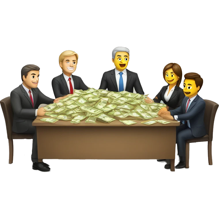Group of business people sitting around a big table. A sack of cash is in the middle of the table emoji