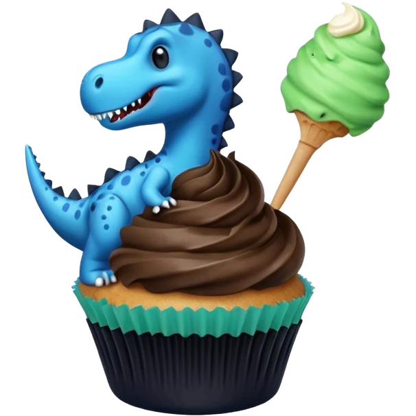 A cupcake having blue and black icing and a dinosaur as a decoration and ice cream next to it emoji