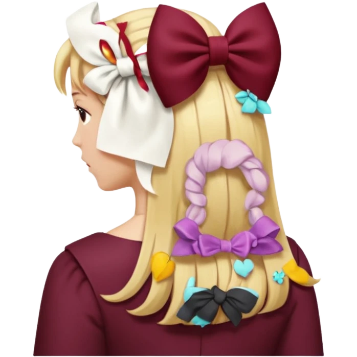 A burgundy bow in blond hair from the back emoji