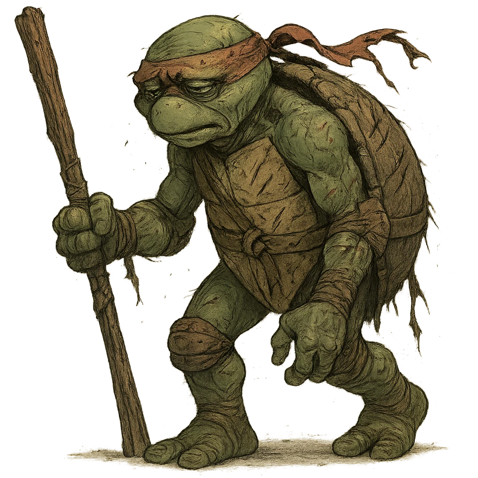 elderly ninja turtle, shell with deep scratches, ripped bandana, tired eyes, limping, holding a damaged staff, clearly just fought emoji