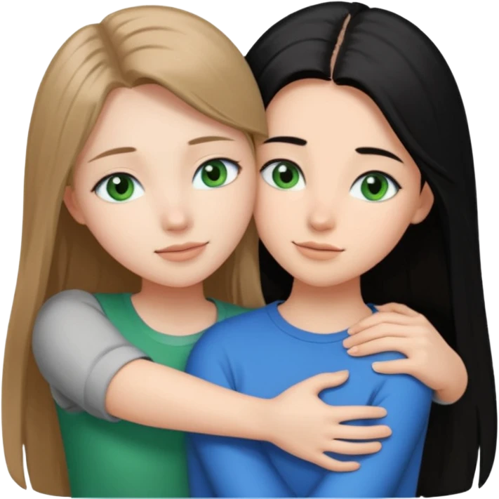una ragazza dall‘ età di 19 anni con capelli castani chiaro lunghi e lisci ,  occhi CELESTI ,  e una ragazza di 17 anni capelli neri occhi verdi che si abbracciano   emoji