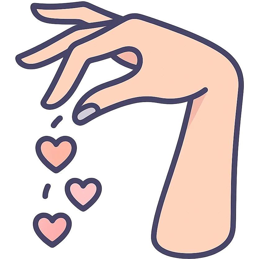 female hand in elegant gesture sprinkling hearts like seasoning, icon-color-outlined style, detailed shadows and highlights, thin clean contours, soft rounded shapes, pastel palette #98B5BC, #B5B3C1, #C9A3C9, #E4C0CA, #F7DCD1, #F7C0AA, modern Japanese pop art and sticker aesthetic, soft lighting, transparent background emoji