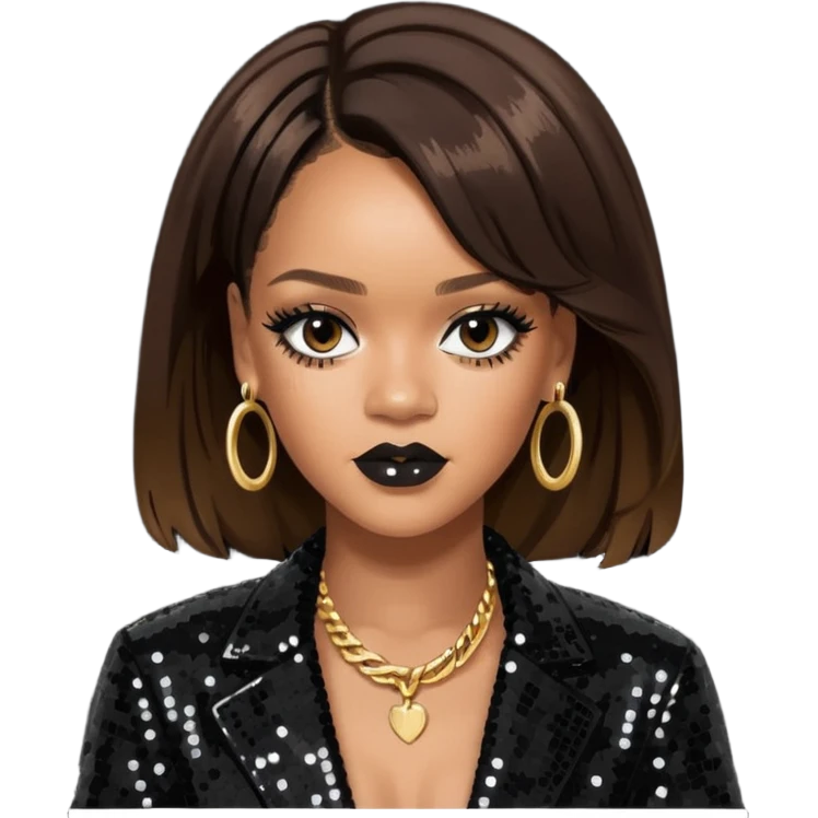 Rihanna with dark brown hair, black sequin outfit  emoji