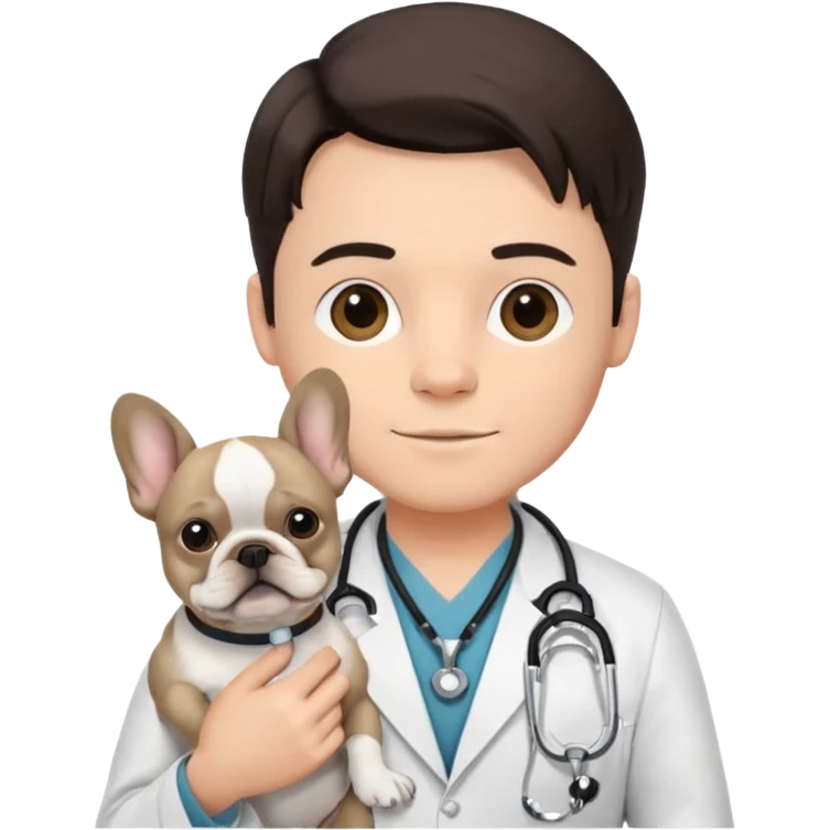 joven médico con el pelo un poco largo pero no tanto y lacio, que tenga un estetoscopio de color de tez negra que sostiene un bulldog francés blanco emoji