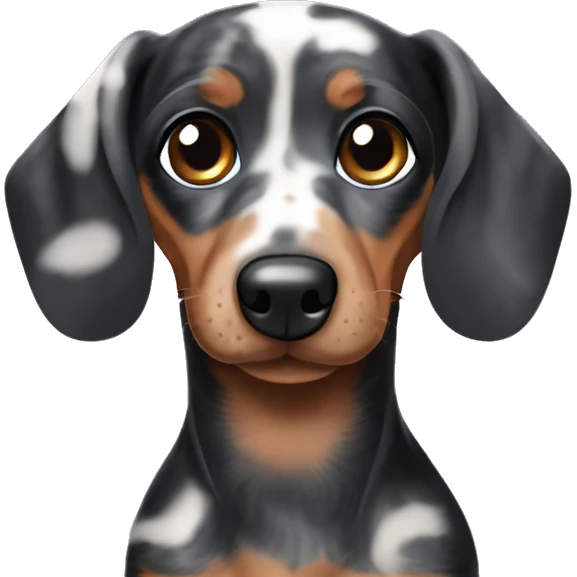 Black merle mini dachshund with one blue eye and one brown eye emoji