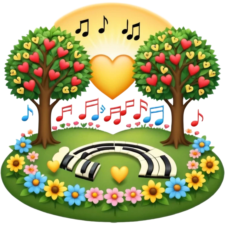 peaceful garden at sunrise, surrounded by music notes, sun, heart, trees, and butterflies — symbolizing unity, faith, and hope emoji