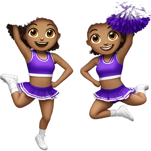 Caucasian cheerleader with dark brown curly hair, jumping and holding up two purple Pom poms, small full body emoji emoji